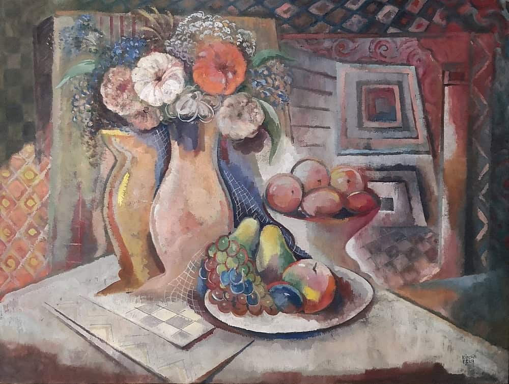 Kádár Béla Asztali csendélet virágokkal és gyümölcsökkel